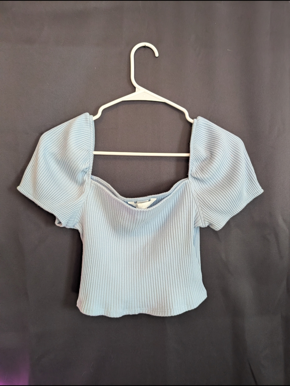 H&M Light Blue Ribbed Puff Sleeve Crop Top Spring Square Neck